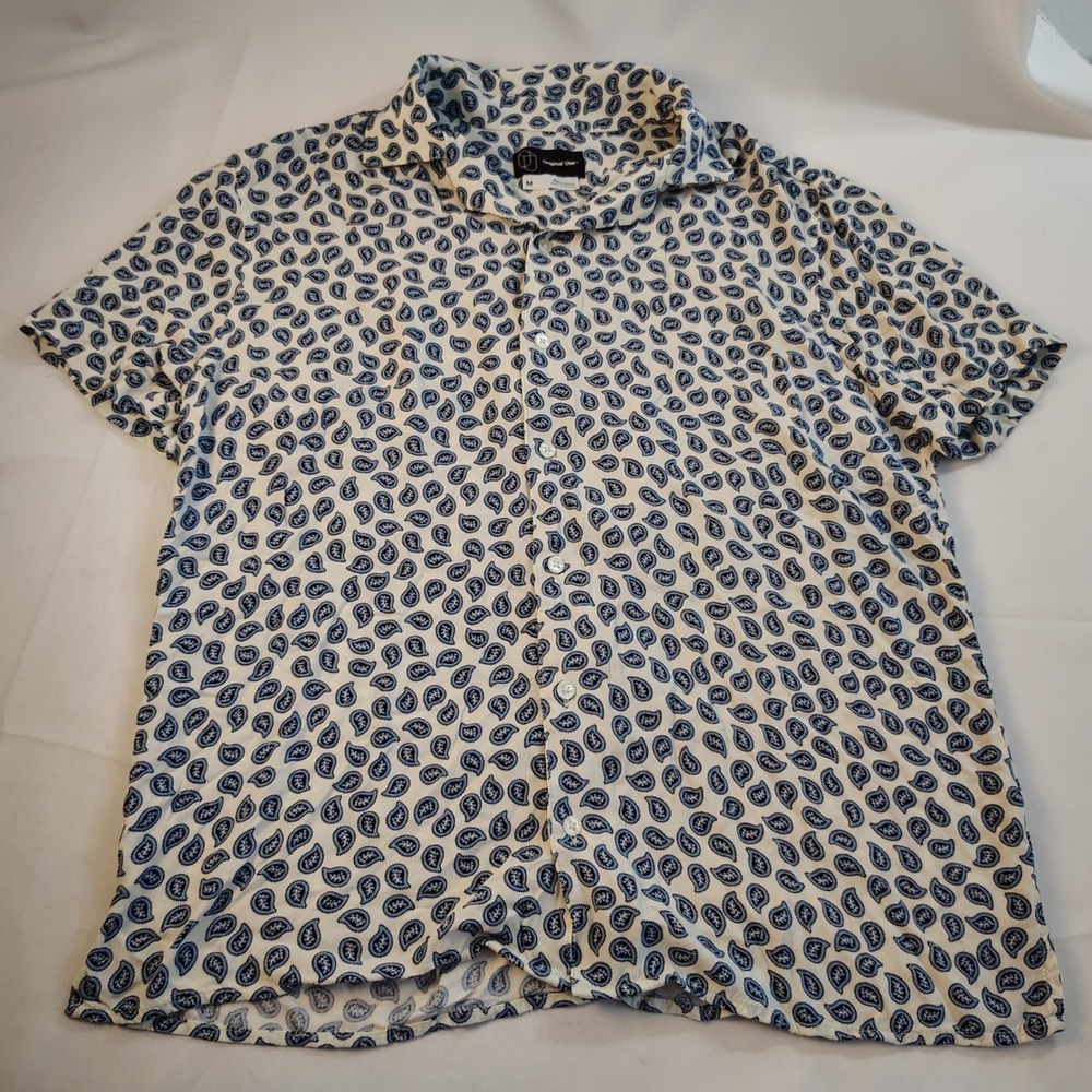 Original Use Mens M Paisley Short Sleeve Button Up Rayon Summer Camp Shirt Blue